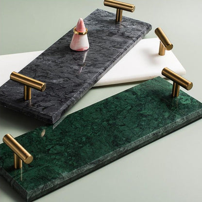 Plateau de Service en Marbre Massif avec Poignées Métalliques Dorées pour Salle de Bain Bureau et Décoration de Table