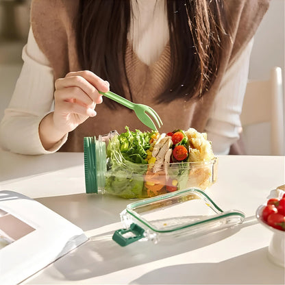 Bocal Shaker à Salade en Verre avec Compartiment à Sauce Étanche pour Déjeuner Nomade Meal Prep et Bureau