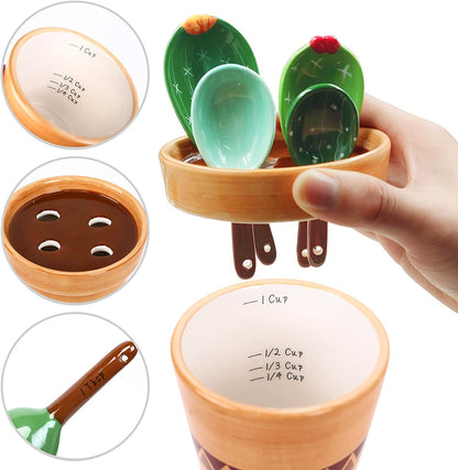 Set d'Ustensiles de Mesure en Céramique Forme Cactus avec Pot de Rangement Peint à la Main pour Cuisine et Pâtisserie