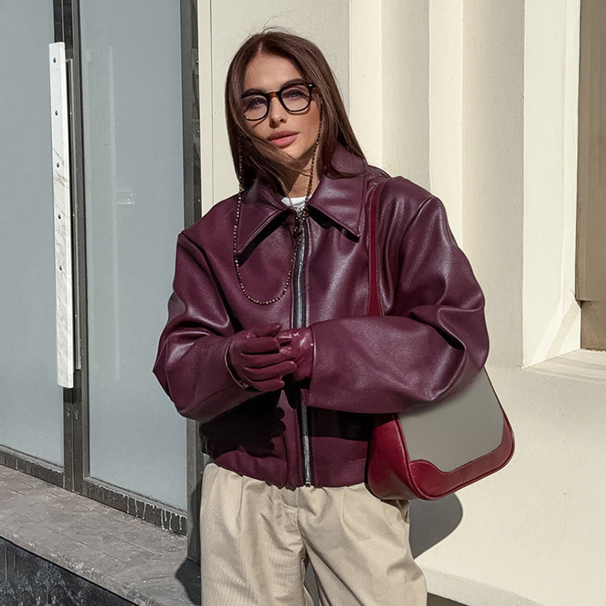 Veste en Similicuir Rouge Bordeaux Style Biker Rétro - Aurelles