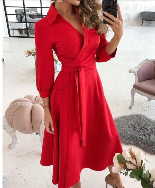 Women's Wrap Dress - V-Neck - Fitted Waist with Belt - Midi Length with Three-Quarter Sleeves