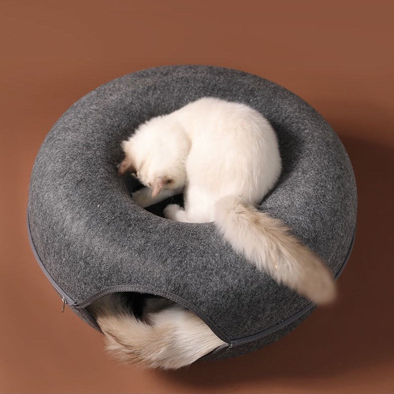 Lit Tunnel pour Chat en Feutre Forme Donut avec Fermeture Éclair Couchage et Cachette Empilable Lavable