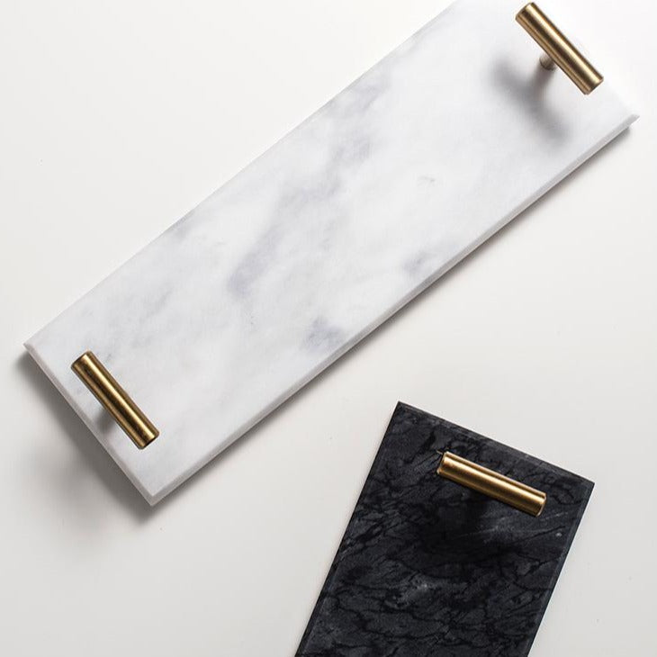 Plateau de Service en Marbre Massif avec Poignées Métalliques Dorées pour Salle de Bain Bureau et Décoration de Table