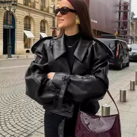 Veste Courte en Similicuir à Large Revers - Aurelles