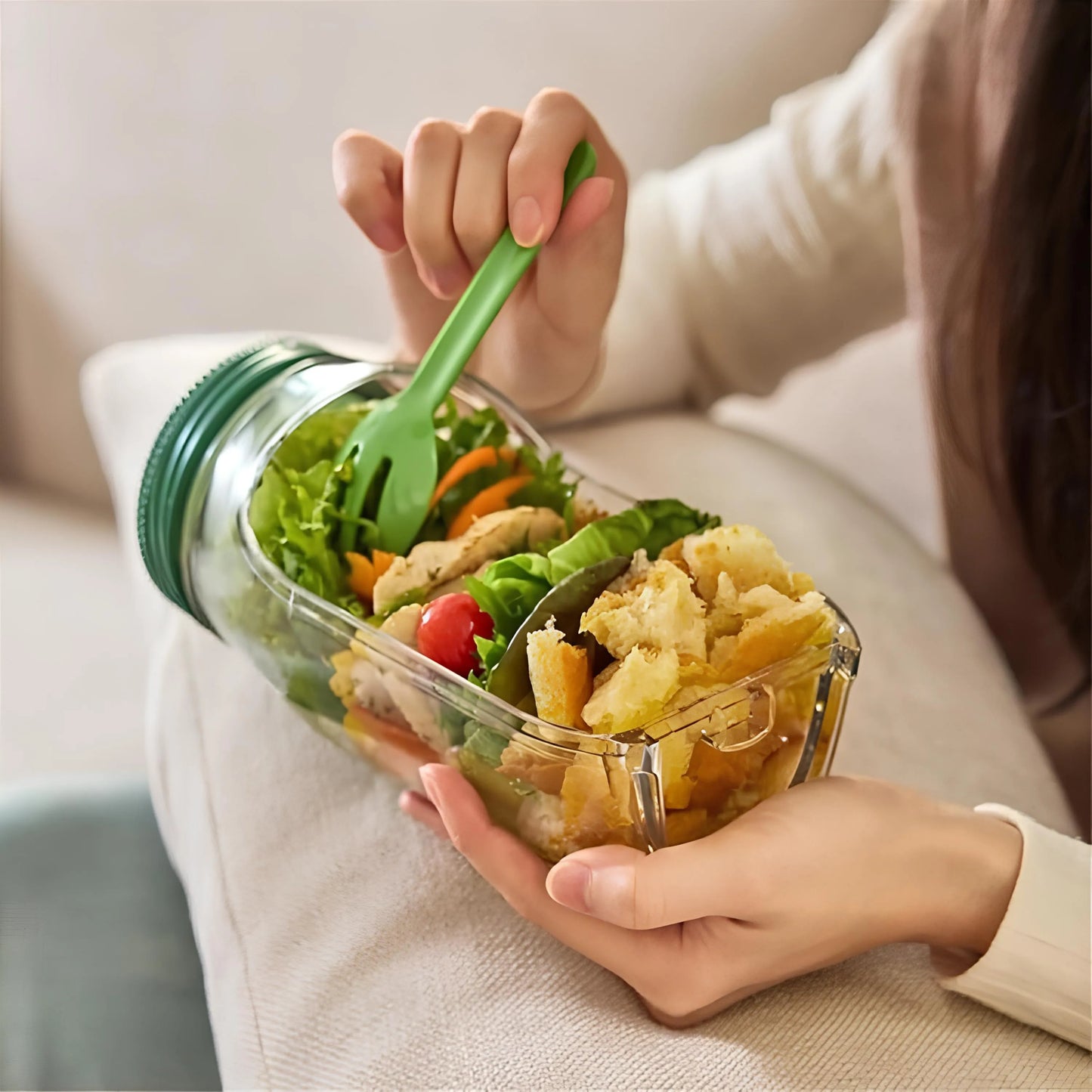 Bocal Shaker à Salade en Verre avec Compartiment à Sauce Étanche pour Déjeuner Nomade Meal Prep et Bureau