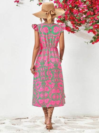 Robe à Imprimé Floral pour Femme - Décolleté en V - Manches Courtes Volantes - Ourlet Asymétrique en A