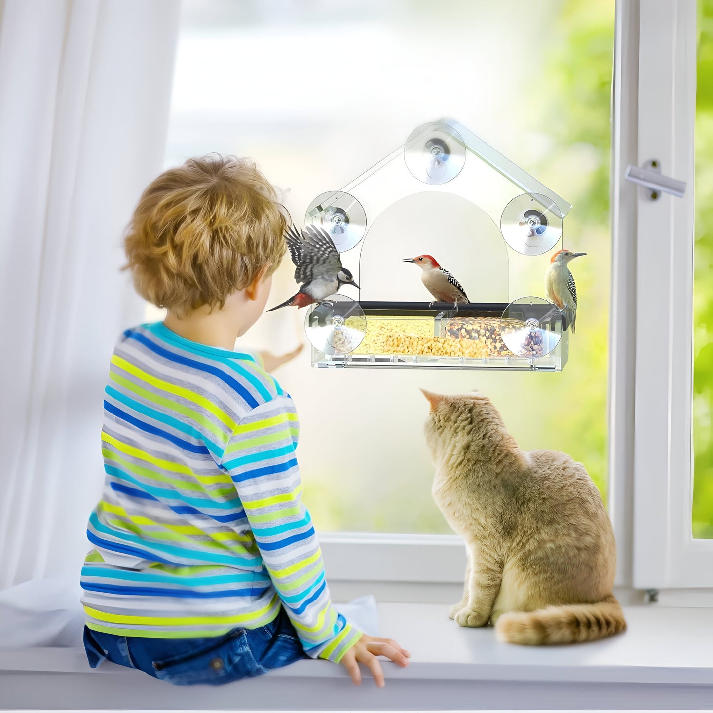 Mangeoire à Oiseaux Transparente à Ventouses pour Fenêtre avec Bac Amovible et Perchoir Antidérapant