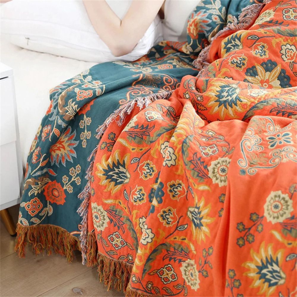 Terra – Plaid Réversible en Coton Motif Oiseaux Scandinaves