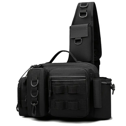 Sac à Bandoulière Tactique de Pêche avec Porte-Canne Intégré et Compartiments Multiples Imprimé Camouflage