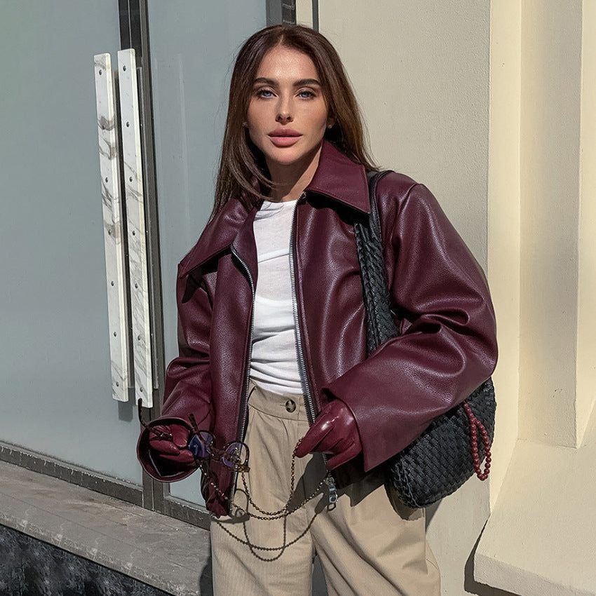 Veste en Similicuir Rouge Bordeaux Style Biker Rétro - Aurelles