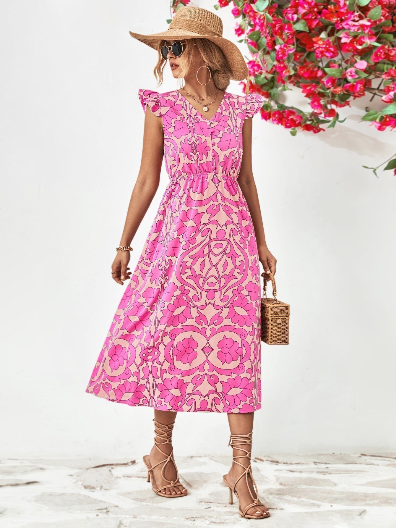 Robe à Imprimé Floral pour Femme - Décolleté en V - Manches Courtes Volantes - Ourlet Asymétrique en A