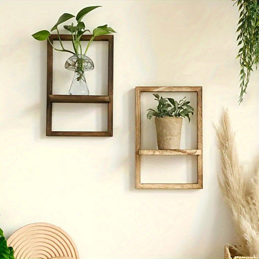 Open Frame Rustic Solid Wood Wall Shelf for Plants and Bohemian Decor