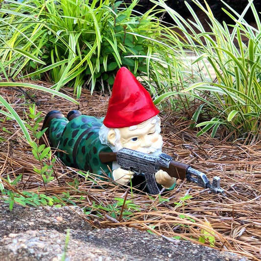 Figurine Décorative Nain de Jardin Tenue Camouflage Militaire en Résine Résistante aux Intempéries pour Extérieur