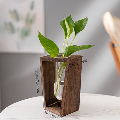 Vase de Propagation en Bois Massif Noyer avec Tube en Verre Suspendu pour Boutures de Plantes et Décoration