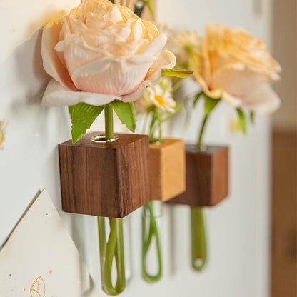 Mini Vase Mural Aimanté en Bois Massif avec Tube en Verre pour Réfrigérateur Tableau Magnétique et Propagation de Boutures