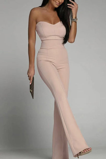Women's Sleeveless Jumpsuit - Fitted Bodice - High-Waisted Flared Pants - Elegant Formal Outfit