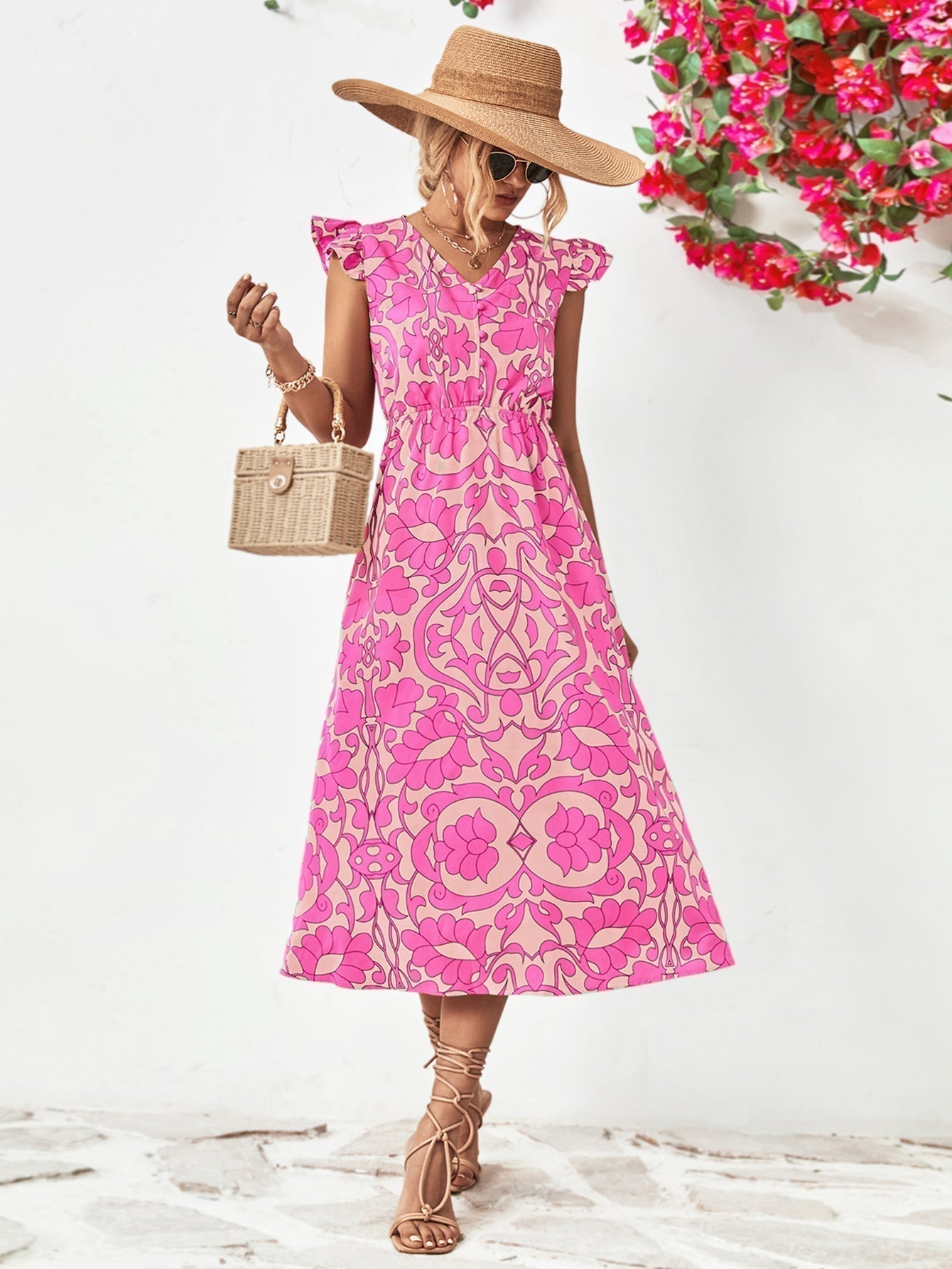 Robe à Imprimé Floral pour Femme - Décolleté en V - Manches Courtes Volantes - Ourlet Asymétrique en A