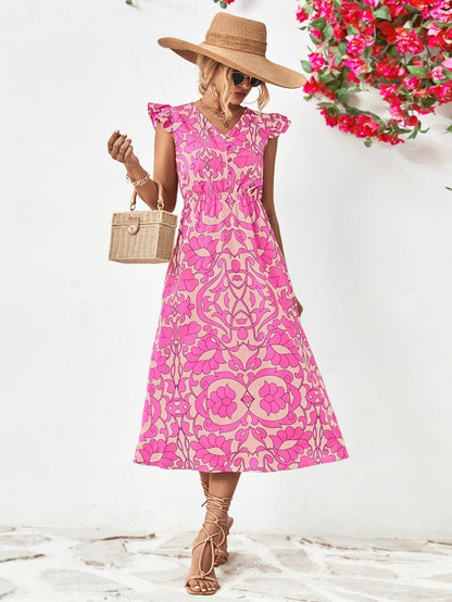 Robe à Imprimé Floral pour Femme - Décolleté en V - Manches Courtes Volantes - Ourlet Asymétrique en A