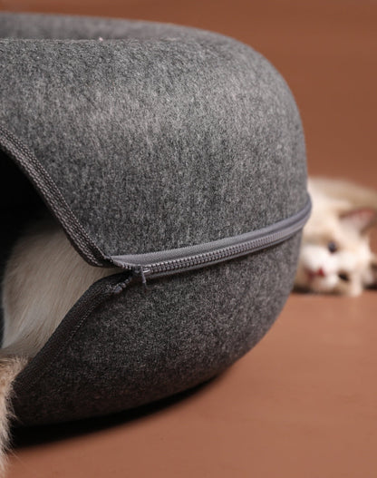 Lit Tunnel pour Chat en Feutre Forme Donut avec Fermeture Éclair Couchage et Cachette Empilable Lavable