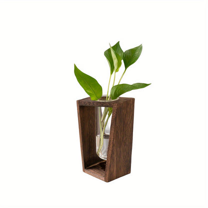 Vase de Propagation en Bois Massif Noyer avec Tube en Verre Suspendu pour Boutures de Plantes et Décoration