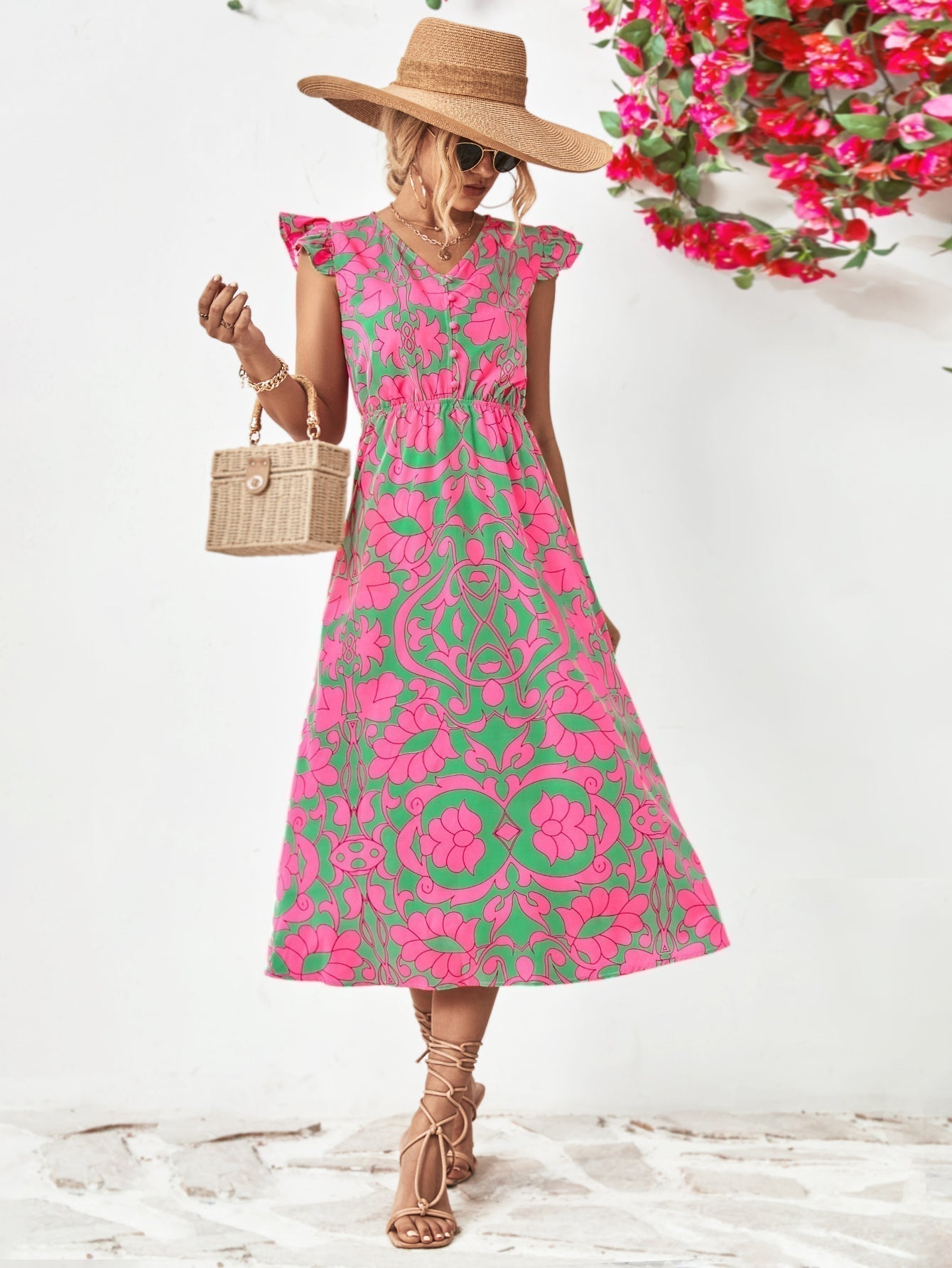 Robe à Imprimé Floral pour Femme - Décolleté en V - Manches Courtes Volantes - Ourlet Asymétrique en A
