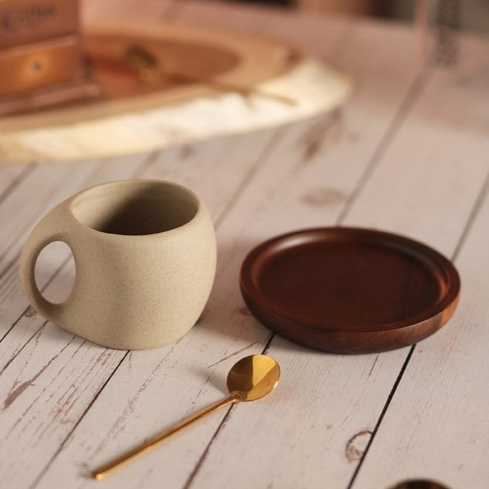 Ceramic Coffee Cup with Wooden Saucer and Stainless Steel Spoon