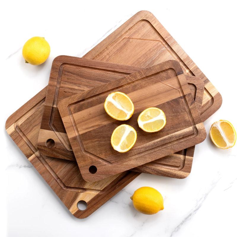 Set de 3 Planches à Découper en Bois d'Acacia Massif avec Rainures à Jus et Support de Rangement Vertical