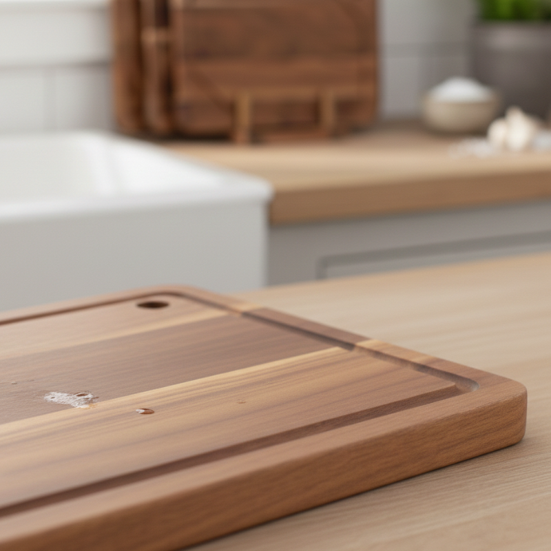 Set de 3 Planches à Découper en Bois d'Acacia Massif avec Rainures à Jus et Support de Rangement Vertical