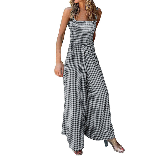 Combinaison Femme - Motif Vichy - Haut Smocké - Pantalon Large - Bretelles Fines - Aurelles