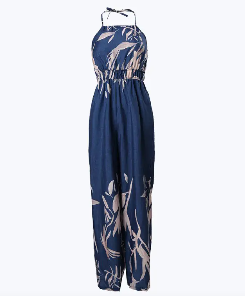 Combinaison Femme - Col Halter - Taille Cintrée - Pantalon Large en Tissu Fluide - Imprimé Floral - Aurelles