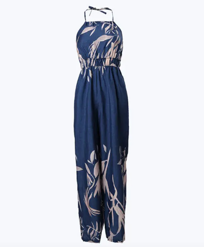 Combinaison Femme - Col Halter - Taille Cintrée - Pantalon Large en Tissu Fluide - Imprimé Floral - Aurelles