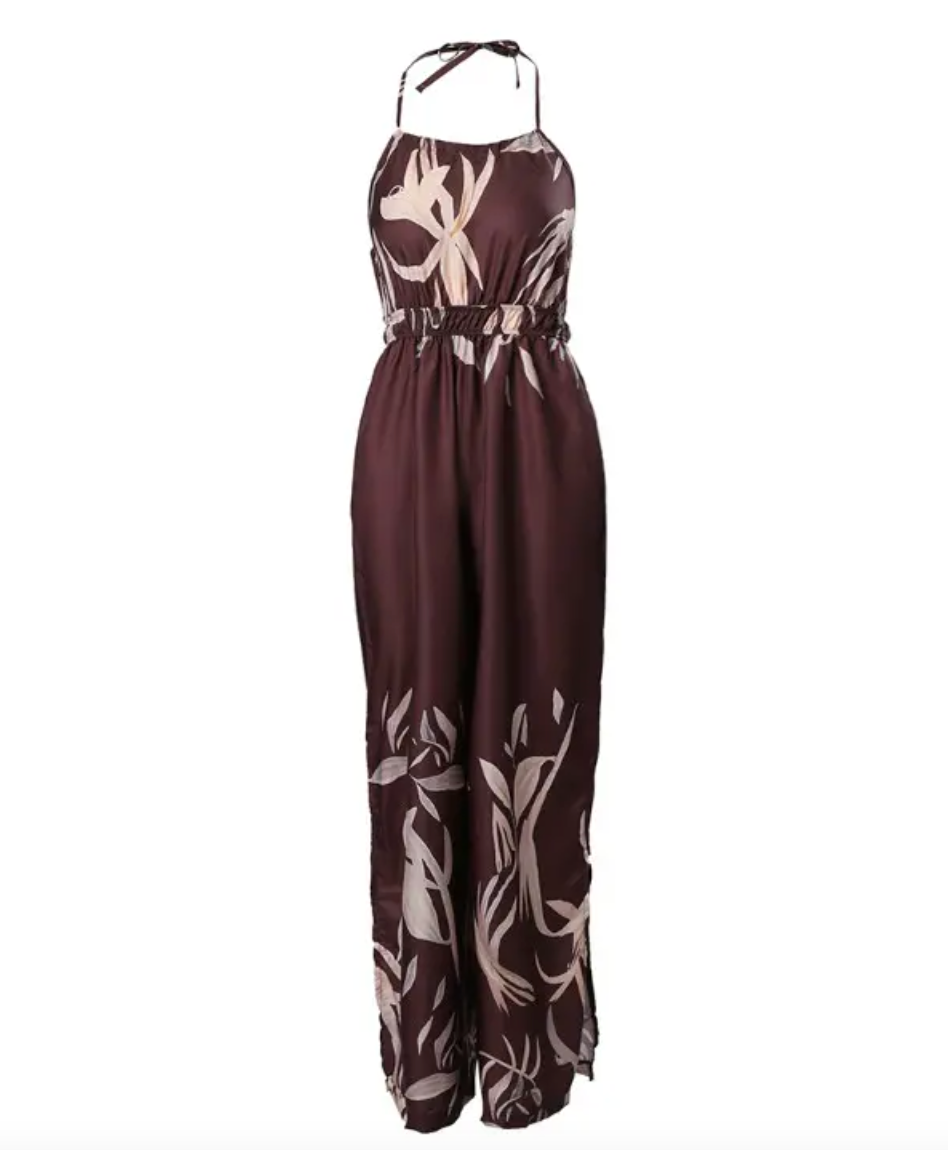 Combinaison Femme - Col Halter - Taille Cintrée - Pantalon Large en Tissu Fluide - Imprimé Floral - Aurelles