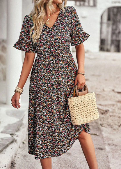 Robe à Imprimé Floral avec Manches Courtes et Décolleté en V en Tissu Léger - Aurelles