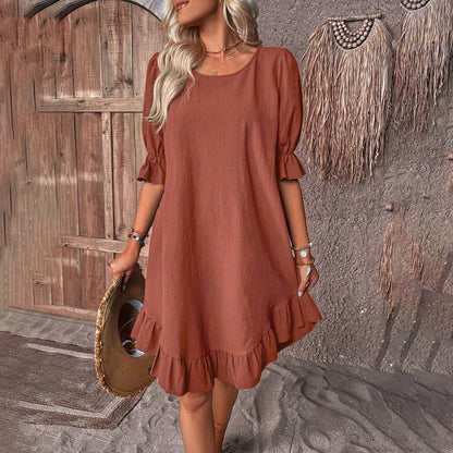 Robe A-Line Femme - Manches Bouffantes - Col Rond - Ourlet Volant - Élégante Décontractée - Aurelles