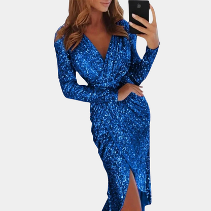 Robe Portefeuille à Paillettes pour Femmes – Manches Longues – Col en V – Silhouette Ajustée – Fente Latérale