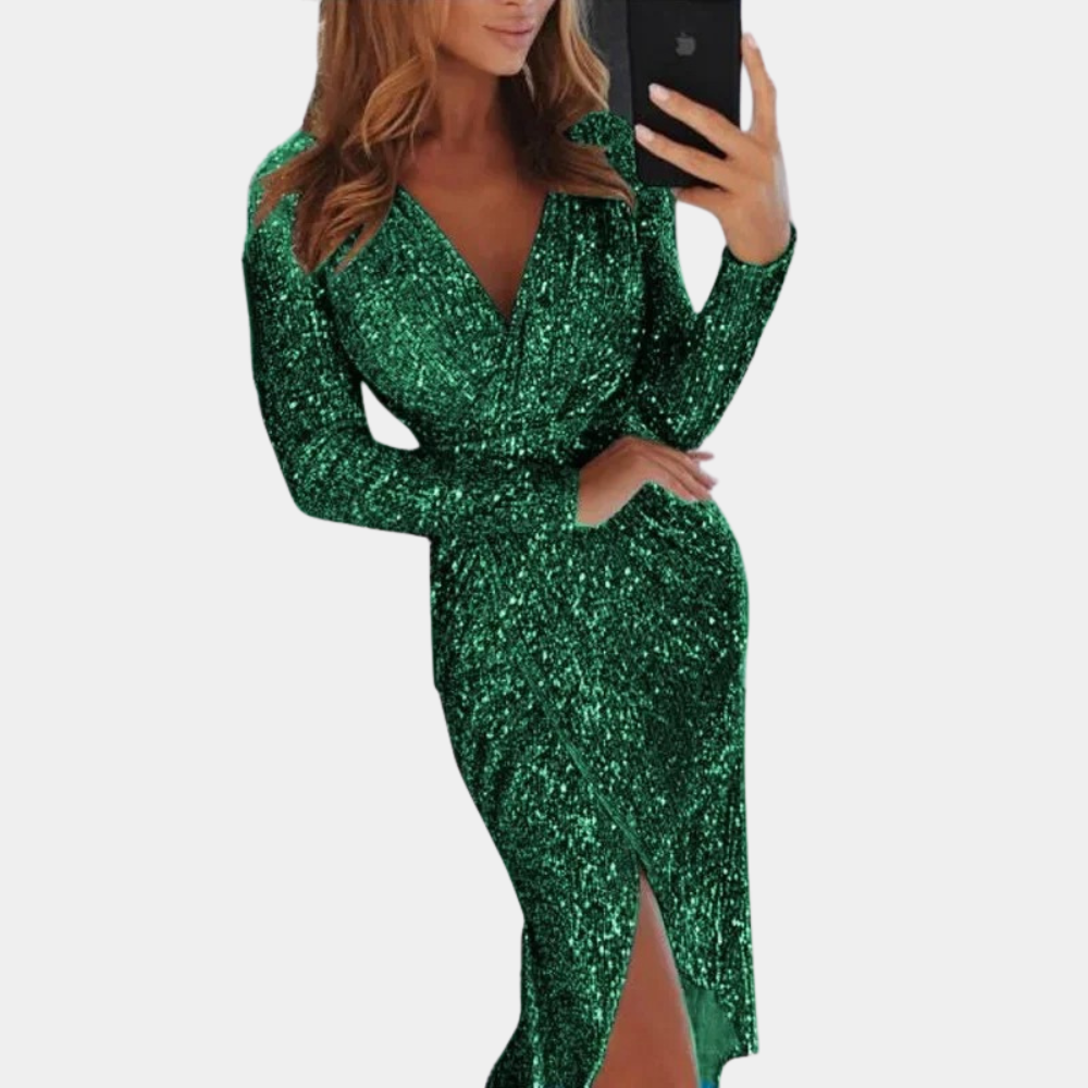 Robe Portefeuille à Paillettes pour Femmes – Manches Longues – Col en V – Silhouette Ajustée – Fente Latérale
