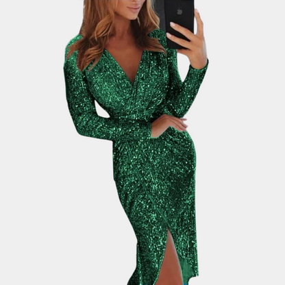 Robe Portefeuille à Paillettes pour Femmes – Manches Longues – Col en V – Silhouette Ajustée – Fente Latérale