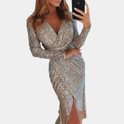 Robe Portefeuille à Paillettes pour Femmes – Manches Longues – Col en V – Silhouette Ajustée – Fente Latérale