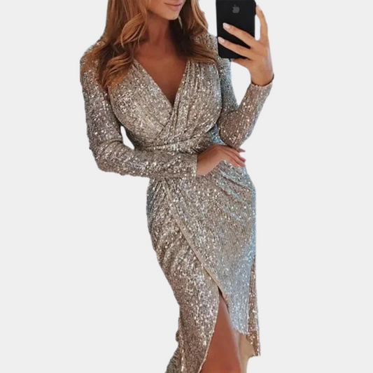 Women's Sequin Wrap Dress – Long Sleeves – V-Neck – Fitted Silhouette – Side Slit