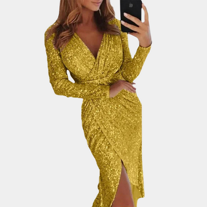 Robe Portefeuille à Paillettes pour Femmes – Manches Longues – Col en V – Silhouette Ajustée – Fente Latérale