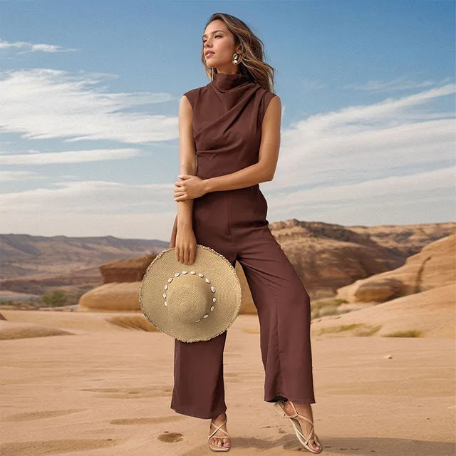 Ensemble haut sans manches décontracté pour femmes avec col montant et pantalon à jambes larges - Aurelles