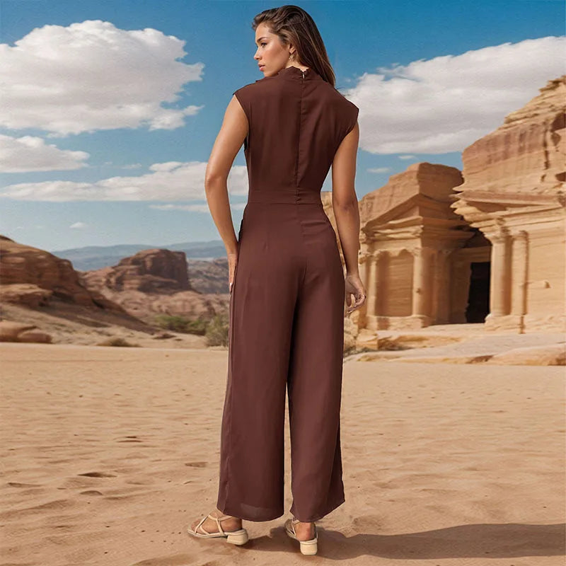 Ensemble haut sans manches décontracté pour femmes avec col montant et pantalon à jambes larges - Aurelles