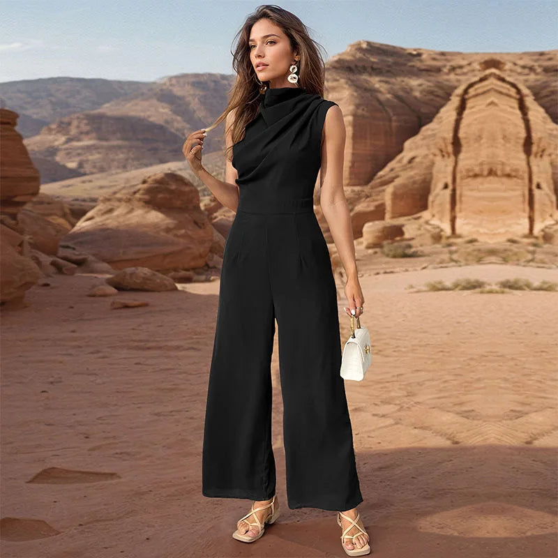 Ensemble haut sans manches décontracté pour femmes avec col montant et pantalon à jambes larges - Aurelles