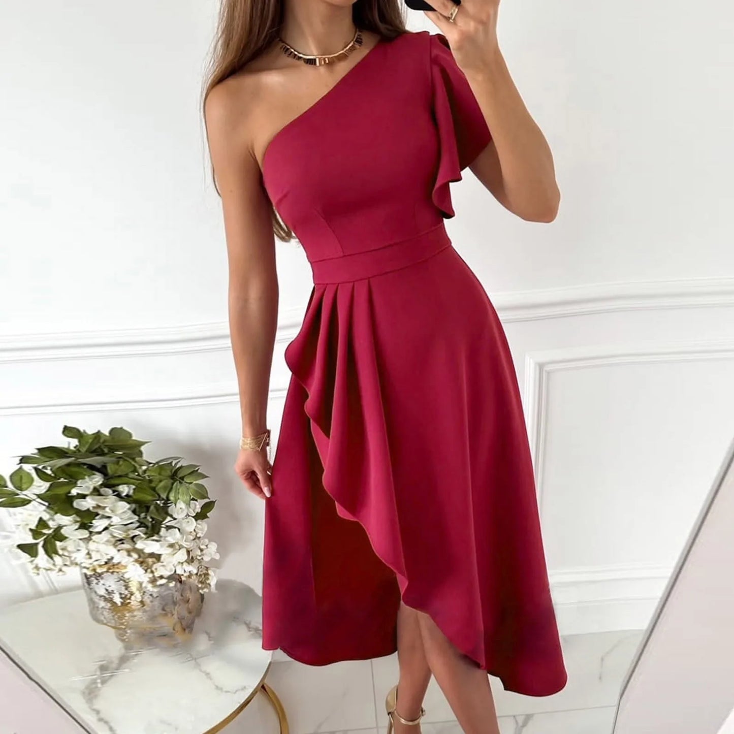 Women's One-Shoulder Midi Dress – Asymmetrical High-Low Hem – Elegant Formal Wear