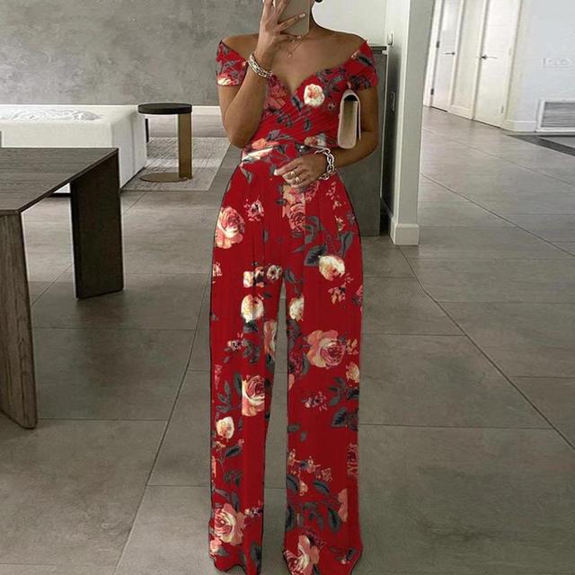 Combinaison Florale Femme - Épaules Dégagées - Décolleté Enveloppant - Pantalon Large Élégant - Aurelles