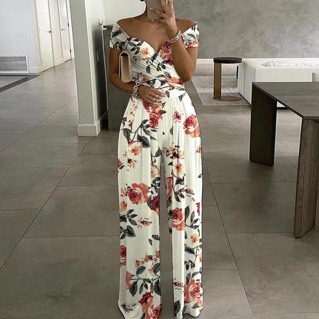 Combinaison Florale Femme - Épaules Dégagées - Décolleté Enveloppant - Pantalon Large Élégant - Aurelles