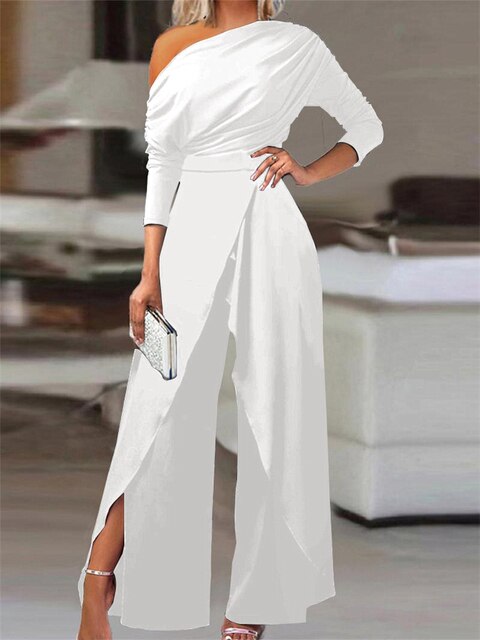 Combinaison Femme - Design Élégant Off-Shoulder - Manches Longues Pantalon Large - Taille Cintrée - Aurelles