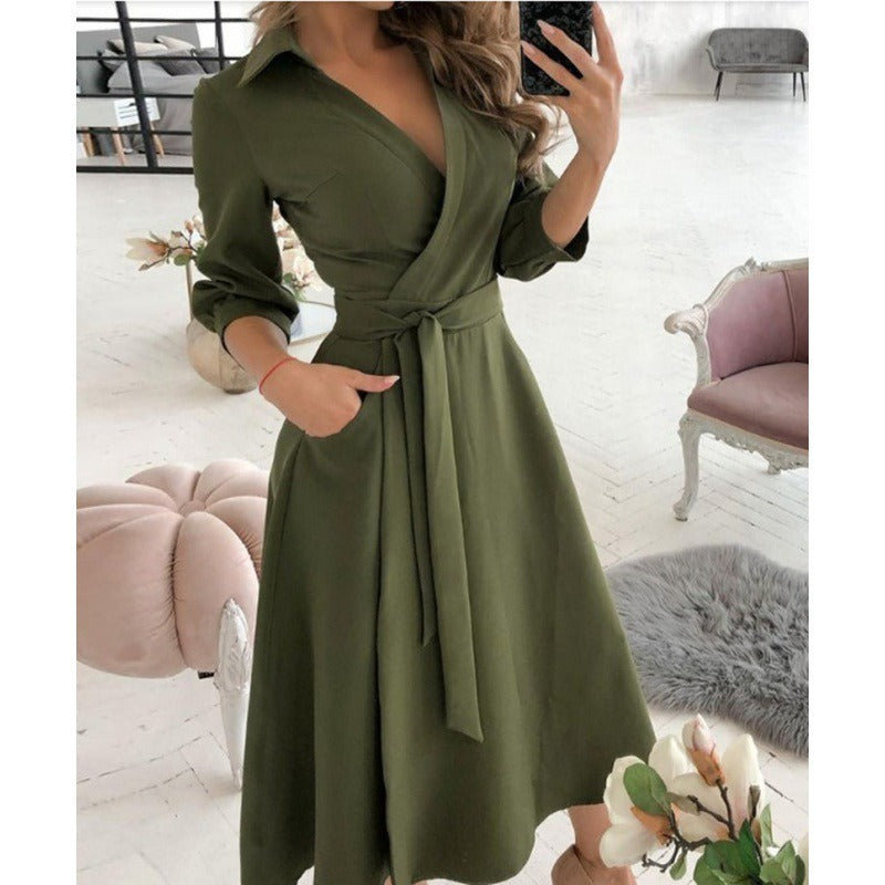 Robe Portefeuille Femme - Décolleté en V - Taille Cintrée avec Ceinture - Midi à Manches Trois Quarts