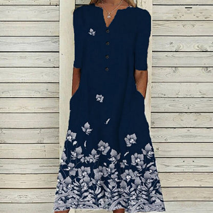 Robe Midi Femme – Col V – Devant Boutonné – Manches Courtes – Imprimé Floral Papillon – Poches