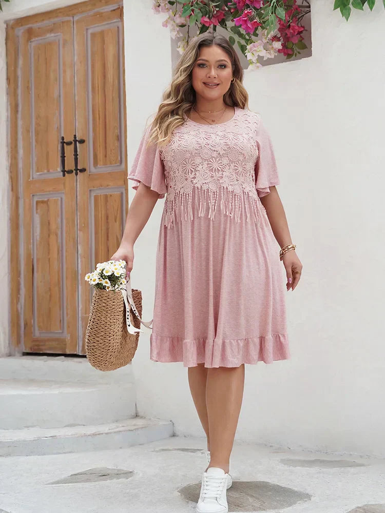 Robe A-Line Femme - Broderie en Dentelle - Manches Courtes Volantes - Tenue Décontractée - Aurelles